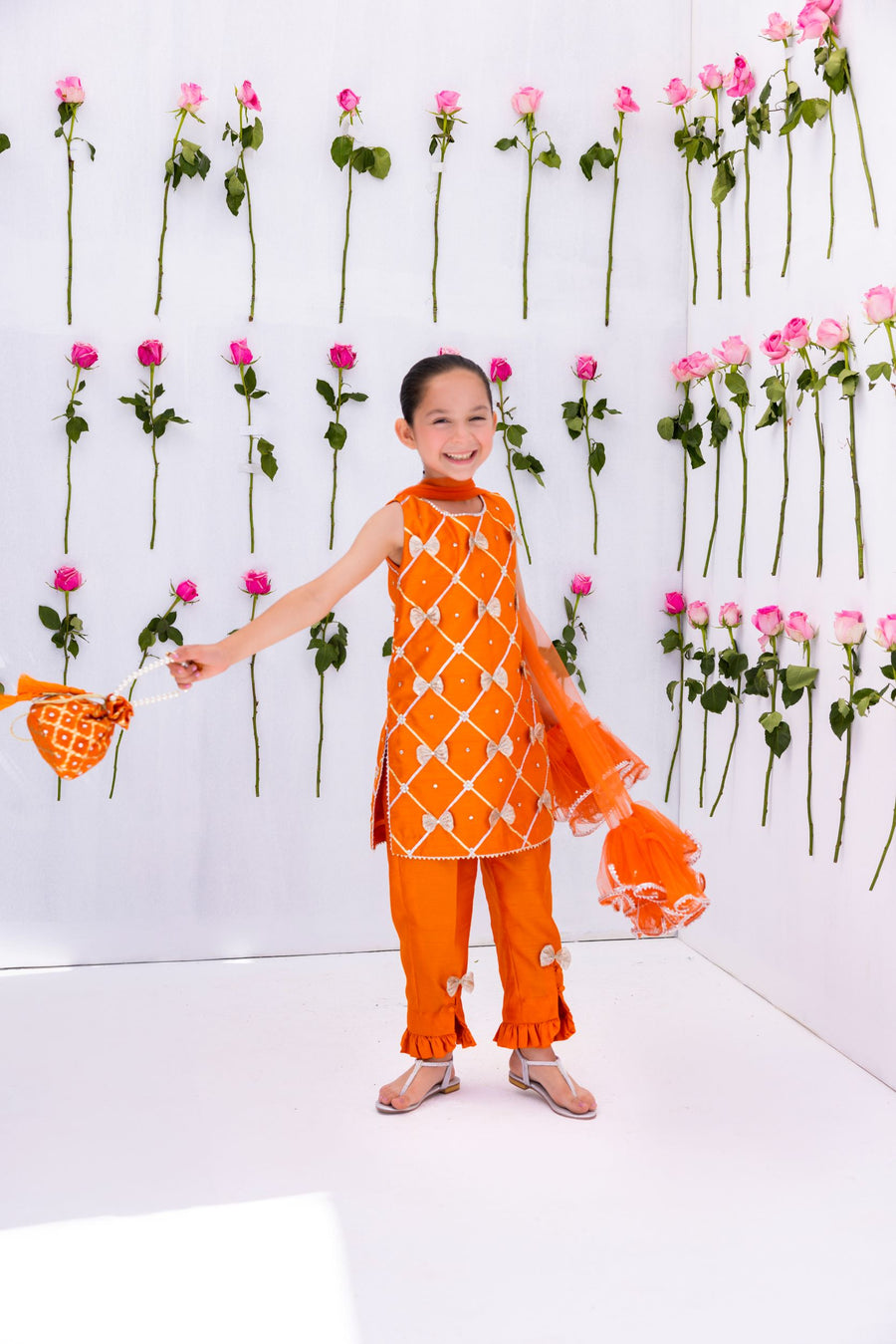 Emira 3D Bow Kamiz & Pant - Orange Blossom